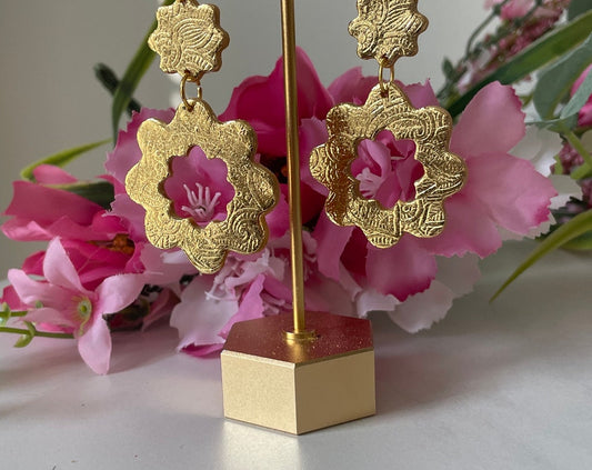 Gold Shimmer Mandala Floral Polymer Clay Flower Cutout Dangle Earrings