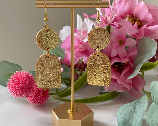 Gold Shimmer Mandala Floral Polymer Clay Dangle Earrings