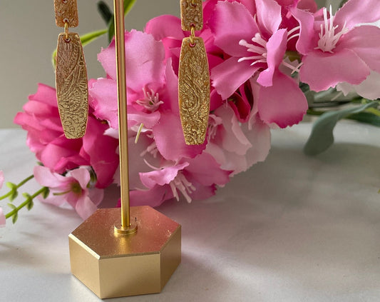 Gold Mandala Floral Imprinted Polymer Clay Column Earrings